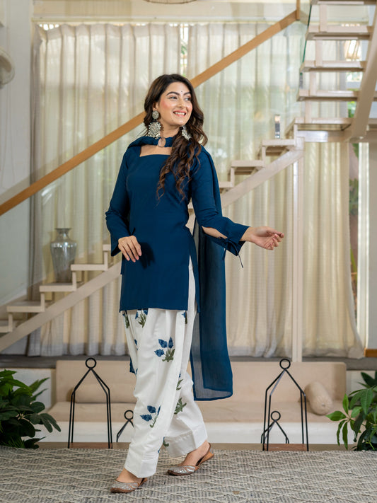 Women's Kurta Set in Navy Blue Roman Cotton with Embroidered Farshi Salwar