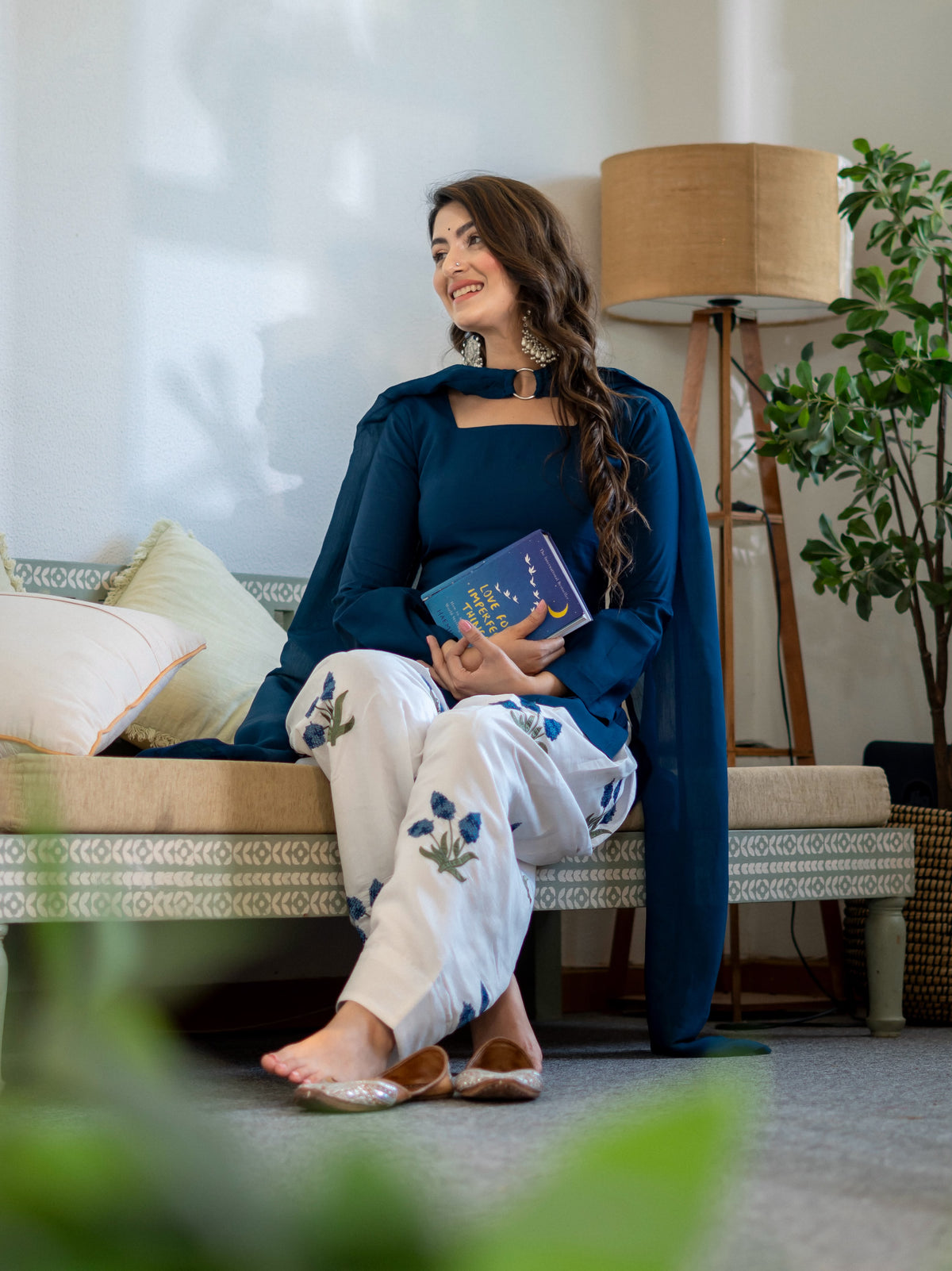 Women's Kurta Set in Navy Blue Roman Cotton with Embroidered Farshi Salwar