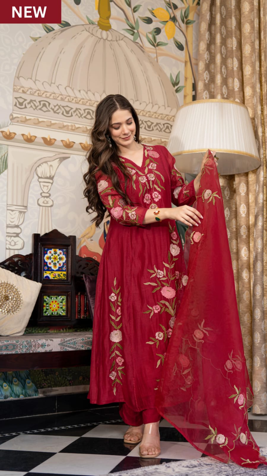 Women's Kurta Set in Maroon Pure Viscose Chanderi with Sequin Embroidery