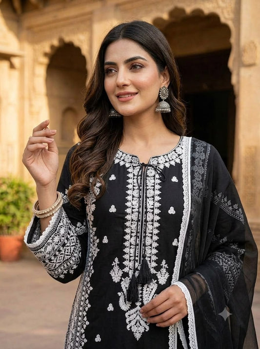 Women's Pakistani Suit Set in Black Rayon Satin with White Embroidery