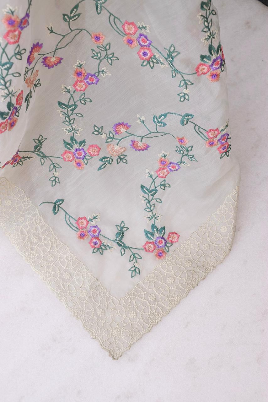 Pastel Organza Saree with Floral Embroidery and Chikankari-Style Lace Borders