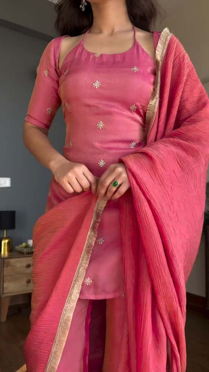 Women's Kurta Pant Set in Pink Pure Vichitra Silk with Sequin Embroidery and Chinon Lace Dupatta - Festive Wear
