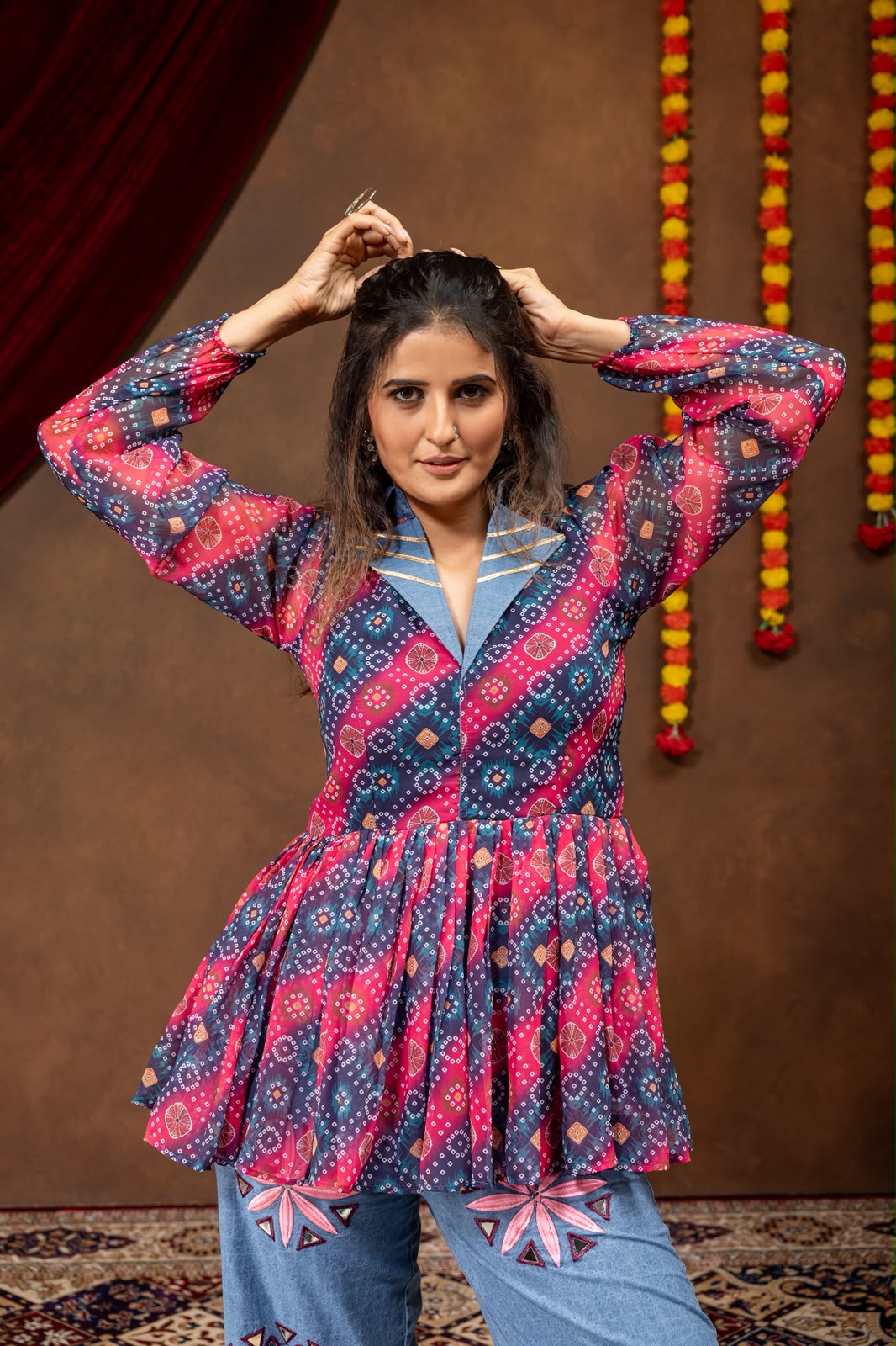 Women's Navratri Kediya Top and Denim Jeans Set in Magenta and Blue Faux Georgette with Mirror Embroidery