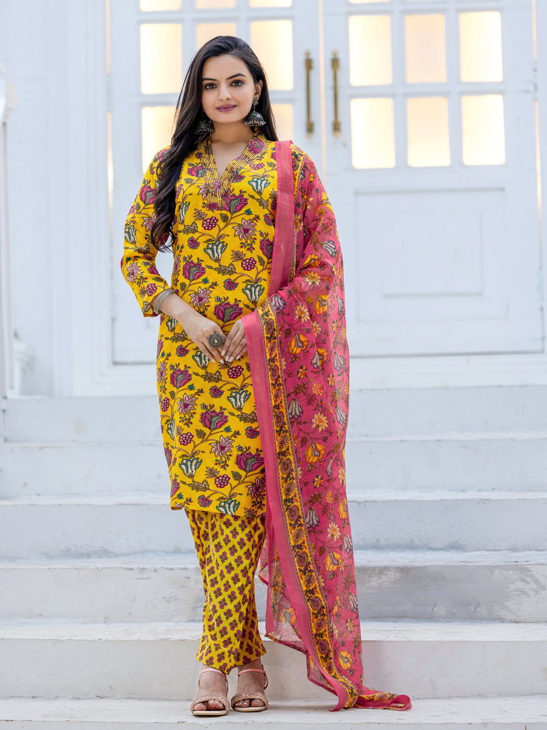 Vibrant Mustard Yellow Floral Jaal Kurta Set with Contrasting Pink Dupatta
