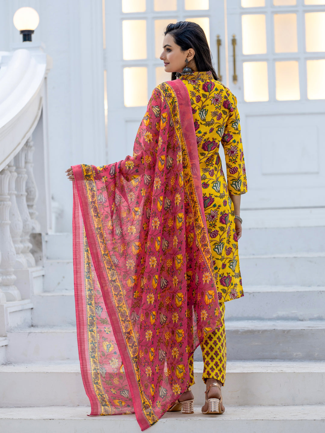 Vibrant Mustard Yellow Floral Jaal Kurta Set with Contrasting Pink Dupatta