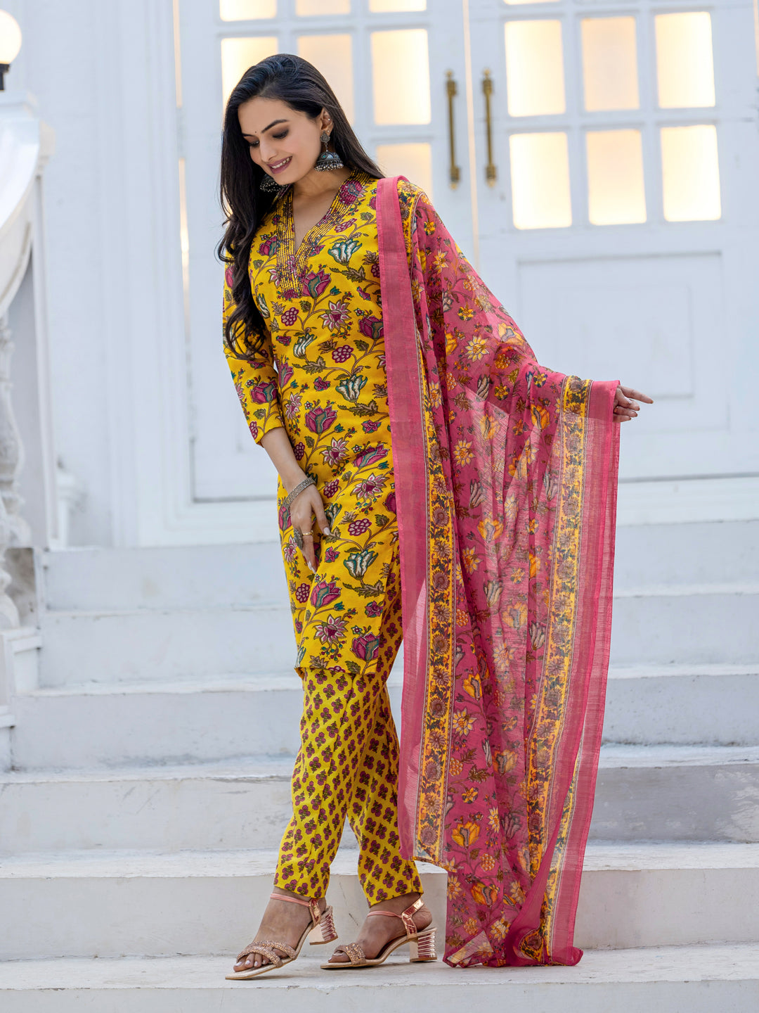 Vibrant Mustard Yellow Floral Jaal Kurta Set with Contrasting Pink Dupatta