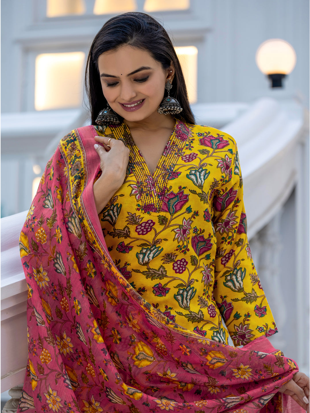 Vibrant Mustard Yellow Floral Jaal Kurta Set with Contrasting Pink Dupatta