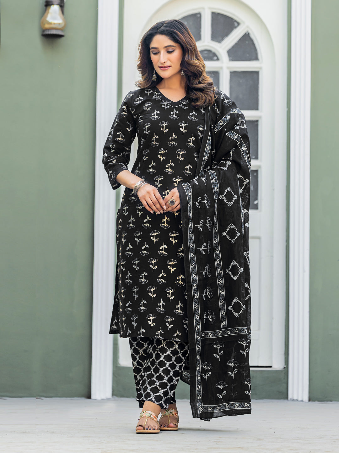 Traditional Cotton Printed Kurta Set with Coordinated Dupatta and Trousers