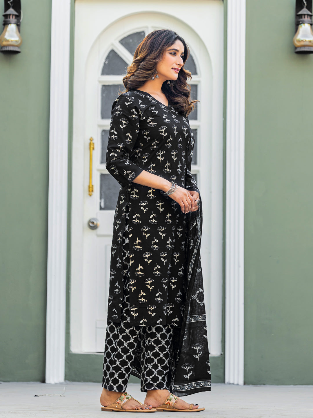 Traditional Cotton Printed Kurta Set with Coordinated Dupatta and Trousers