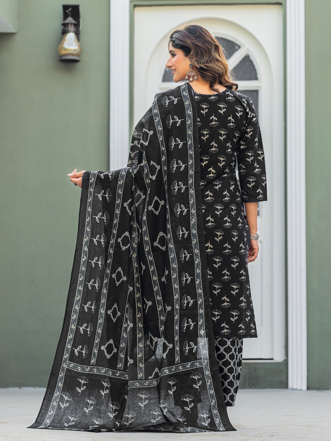 Traditional Cotton Printed Kurta Set with Coordinated Dupatta and Trousers