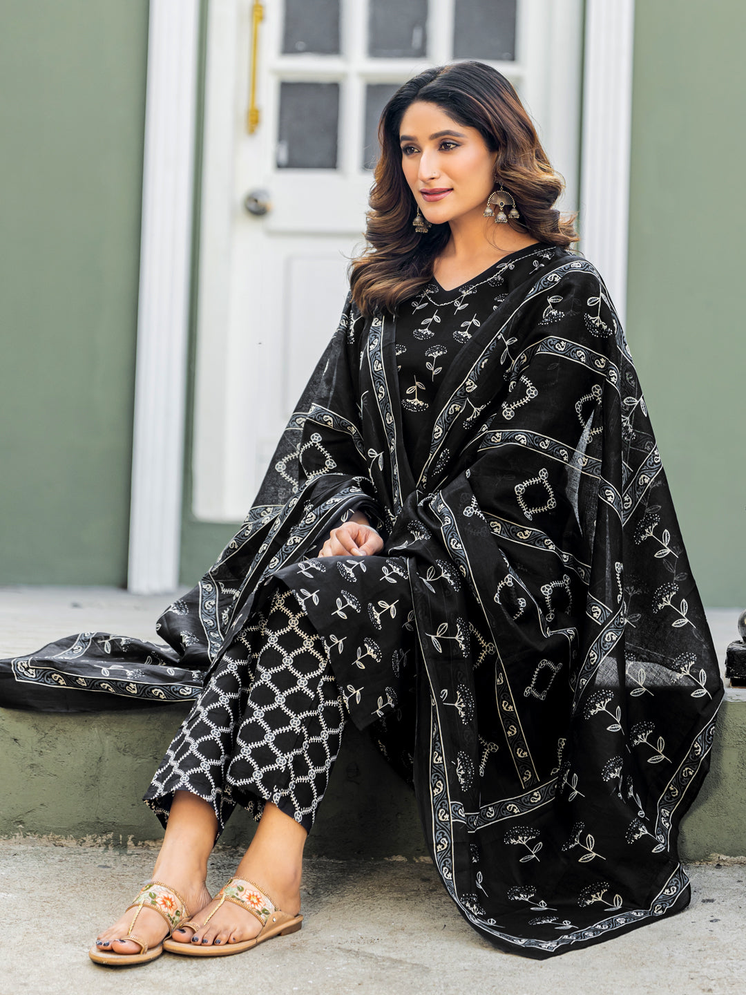 Traditional Cotton Printed Kurta Set with Coordinated Dupatta and Trousers
