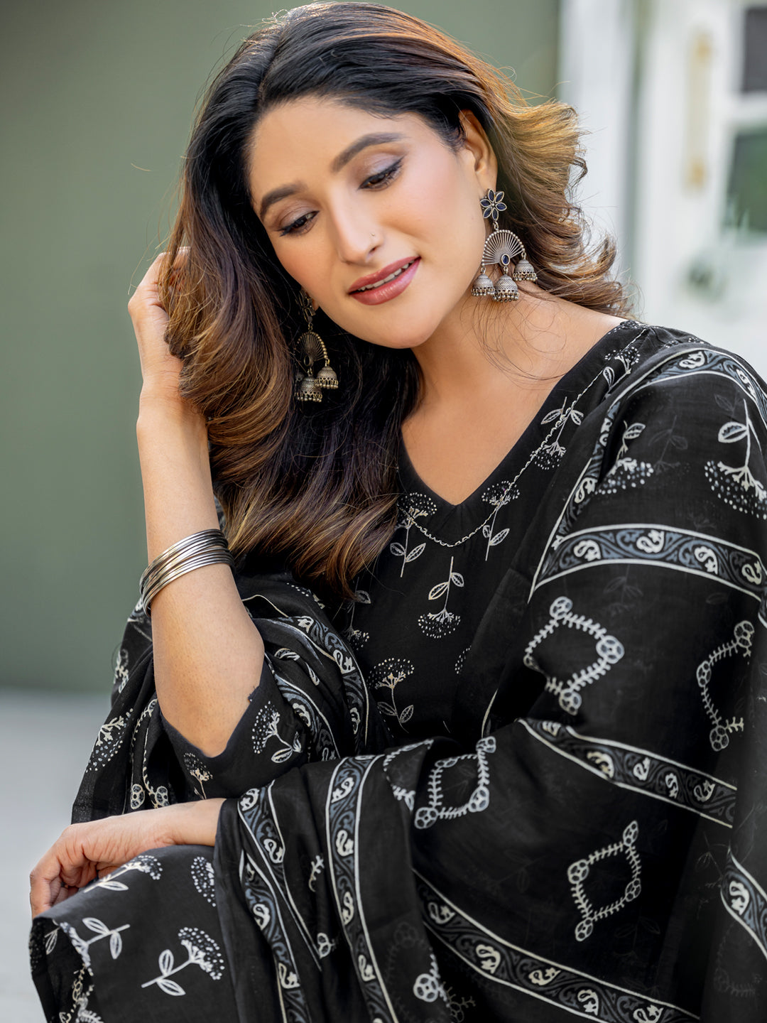 Traditional Cotton Printed Kurta Set with Coordinated Dupatta and Trousers