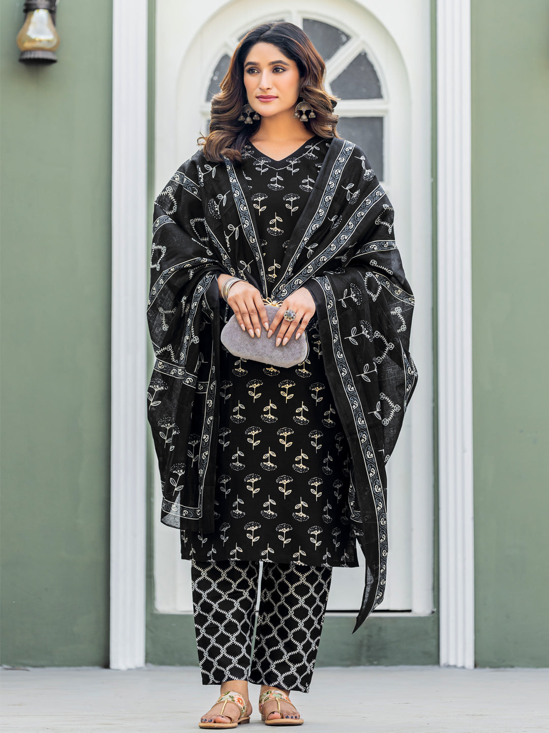 Traditional Cotton Printed Kurta Set with Coordinated Dupatta and Trousers