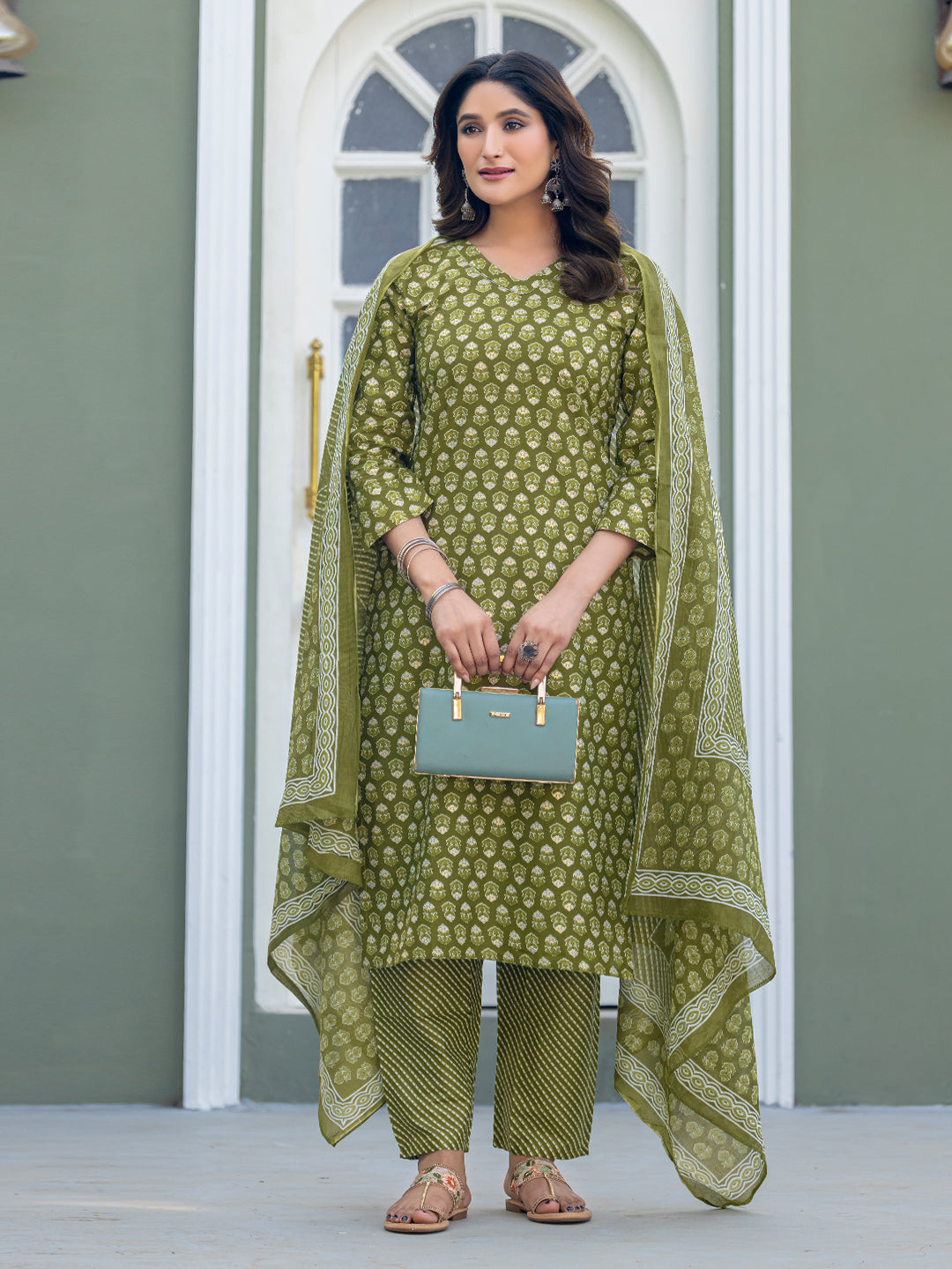 Traditional Cotton Printed Kurta Set with Coordinated Dupatta and Trousers