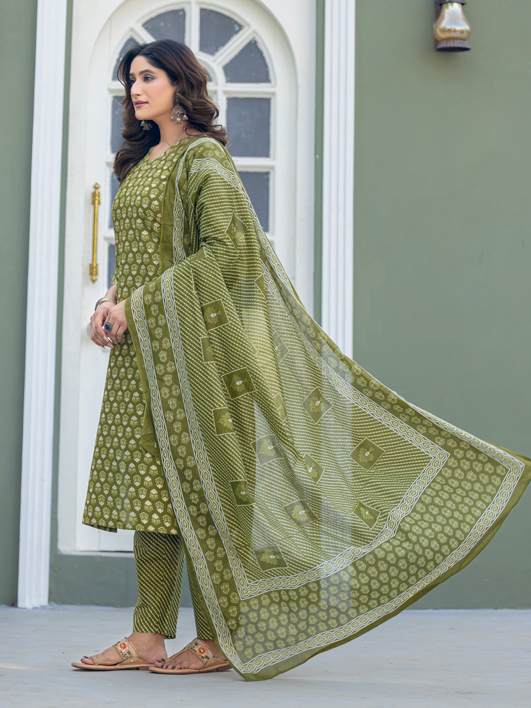 Traditional Cotton Printed Kurta Set with Coordinated Dupatta and Trousers