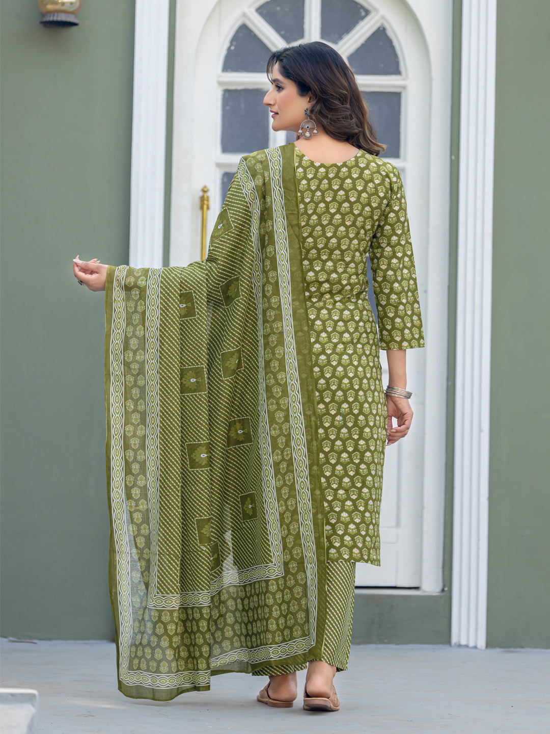 Traditional Cotton Printed Kurta Set with Coordinated Dupatta and Trousers
