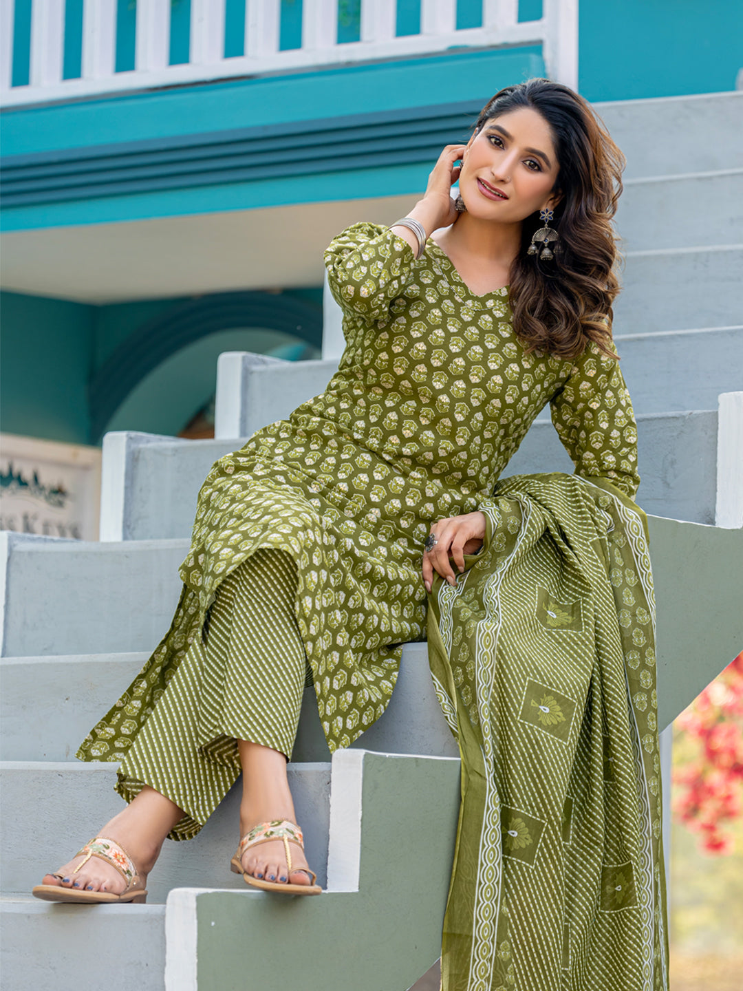 Traditional Cotton Printed Kurta Set with Coordinated Dupatta and Trousers