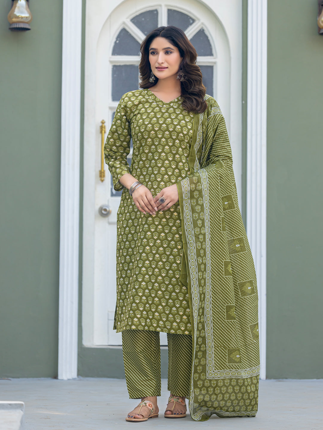 Traditional Cotton Printed Kurta Set with Coordinated Dupatta and Trousers
