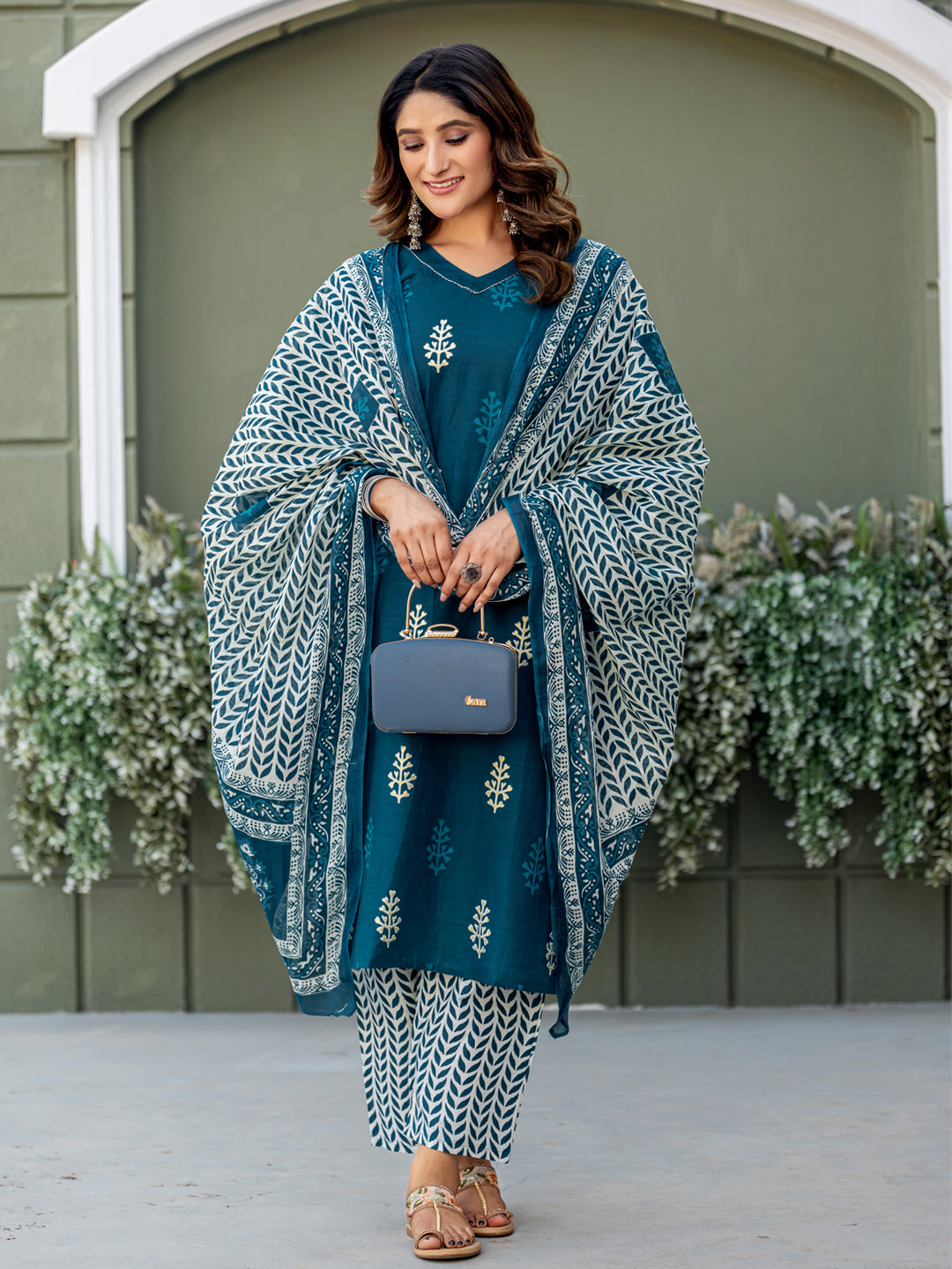 Traditional Cotton Printed Kurta Set with Coordinated Dupatta and Trousers