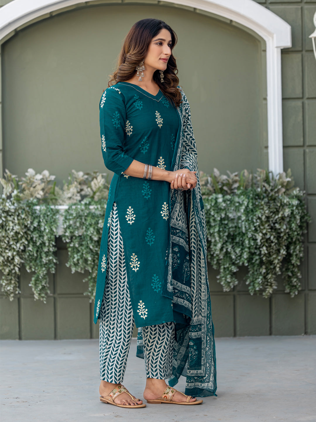 Traditional Cotton Printed Kurta Set with Coordinated Dupatta and Trousers