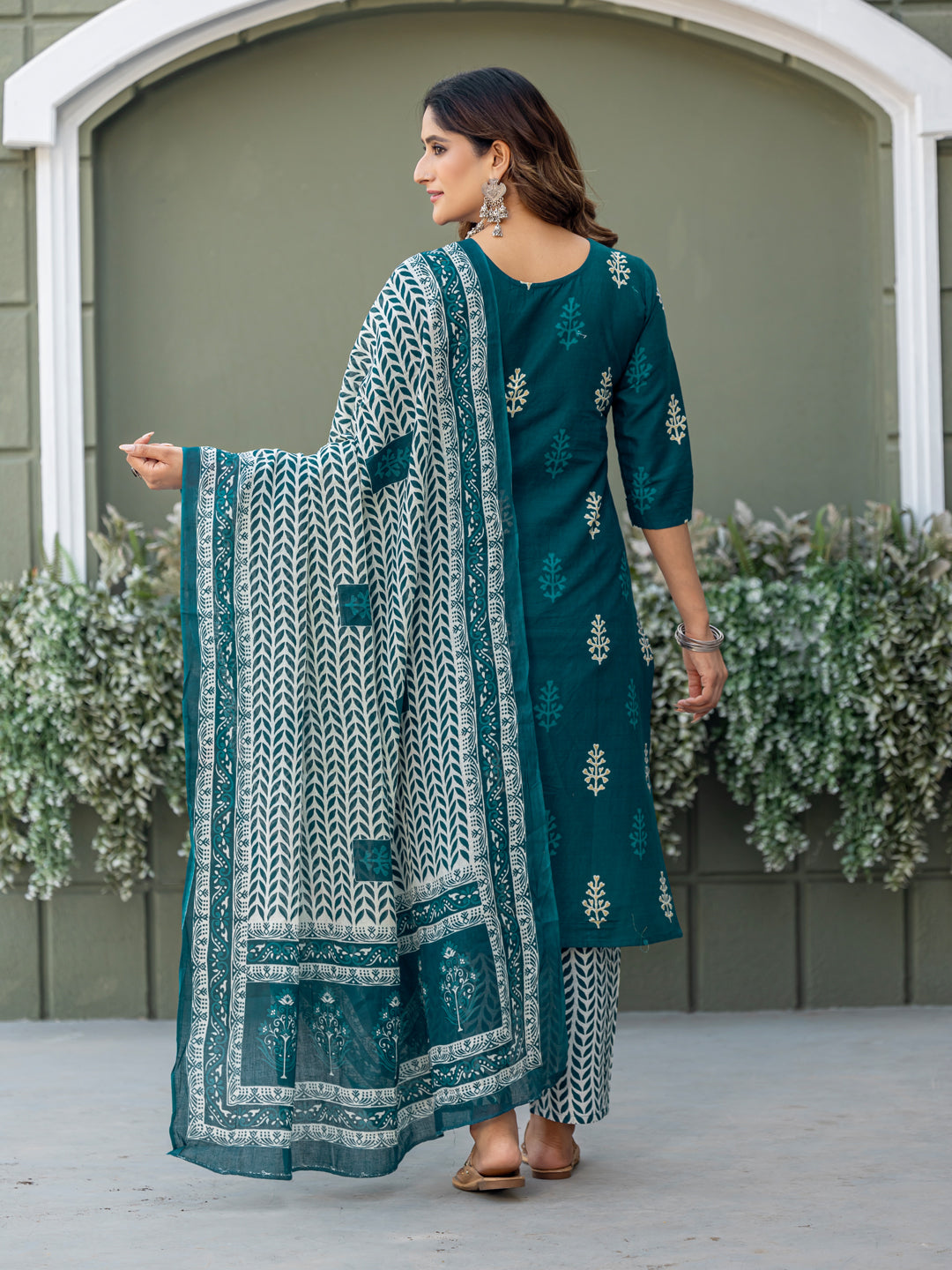 Traditional Cotton Printed Kurta Set with Coordinated Dupatta and Trousers