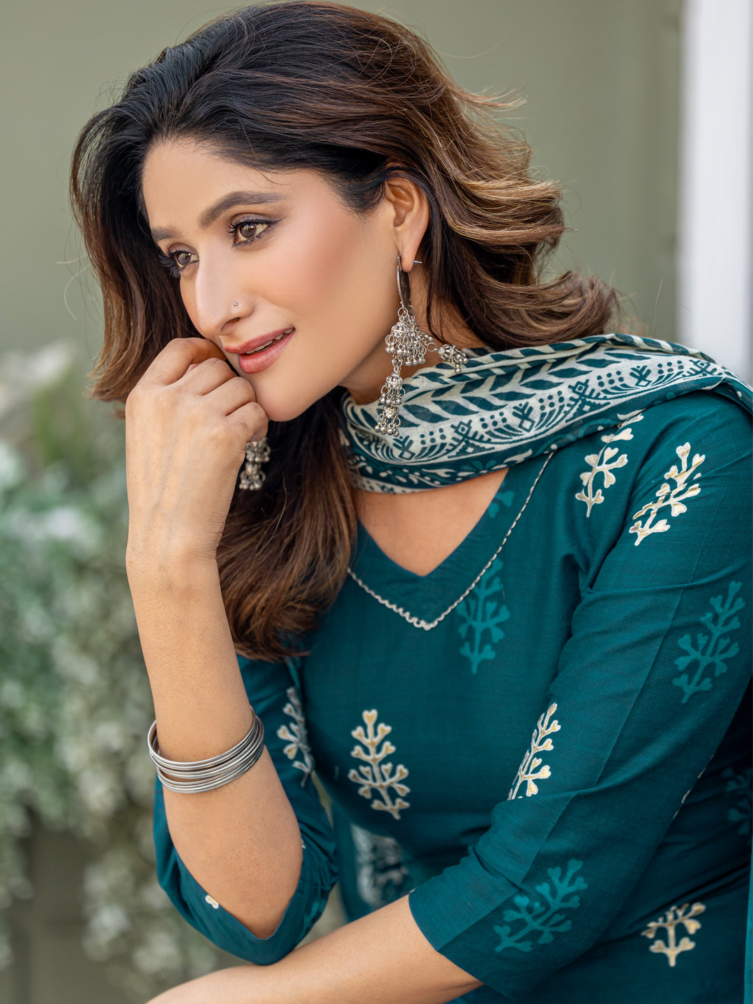 Traditional Cotton Printed Kurta Set with Coordinated Dupatta and Trousers