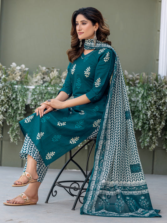 Traditional Cotton Printed Kurta Set with Coordinated Dupatta and Trousers