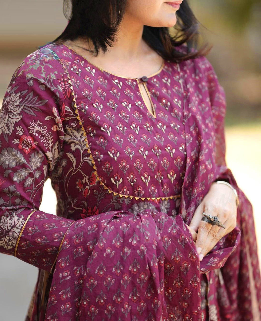 Wine Maroon Floral Printed Anarkali Kurta Set with Cotton Dupatta