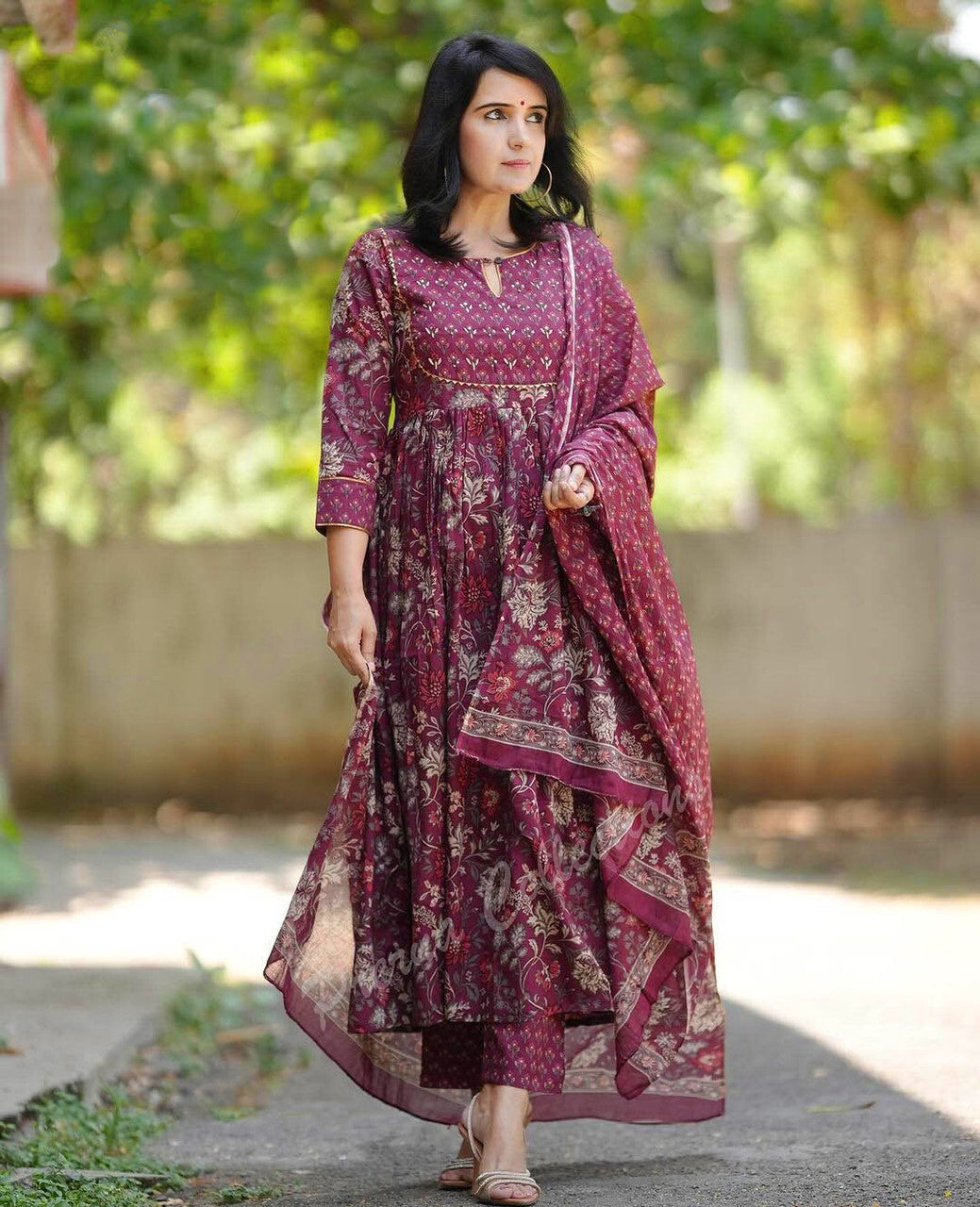 Wine Maroon Floral Printed Anarkali Kurta Set with Cotton Dupatta