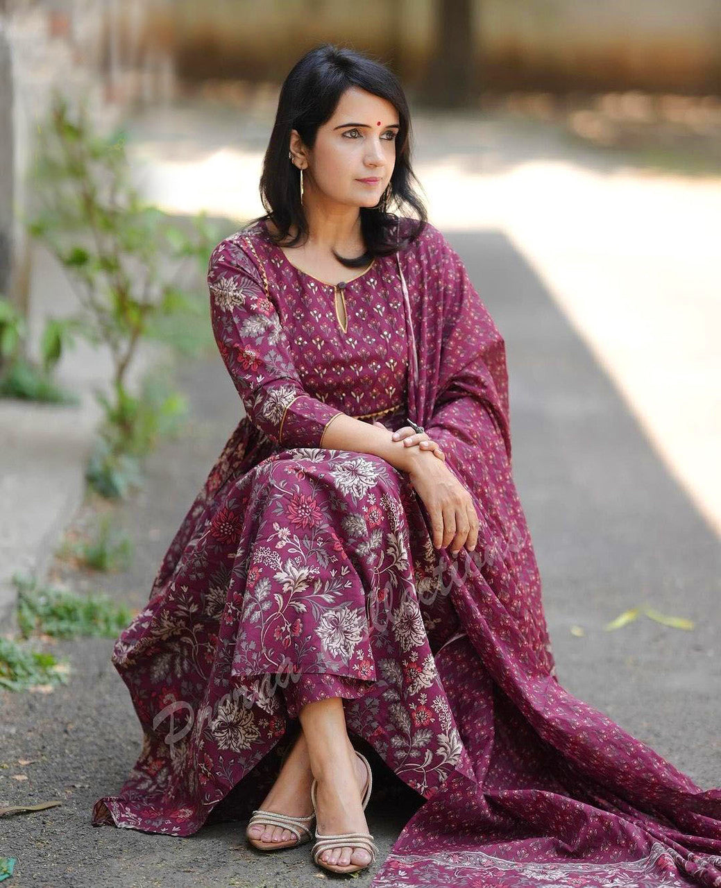 Wine Maroon Floral Printed Anarkali Kurta Set with Cotton Dupatta