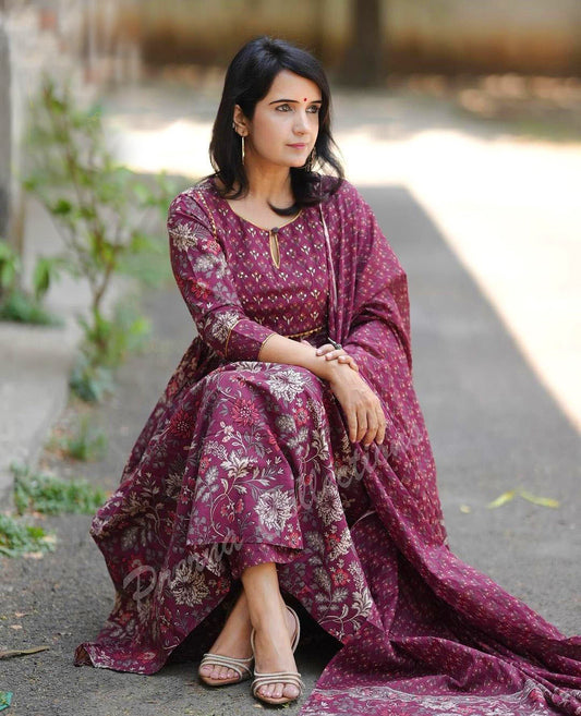 Wine Maroon Floral Printed Anarkali Kurta Set with Cotton Dupatta