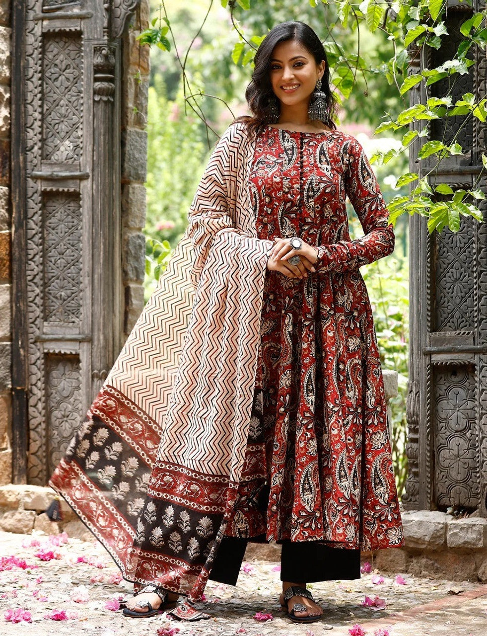 Traditional Maroon Paisley Kalamkari Anarkali Kurta Set with Chevron Print Dupatta