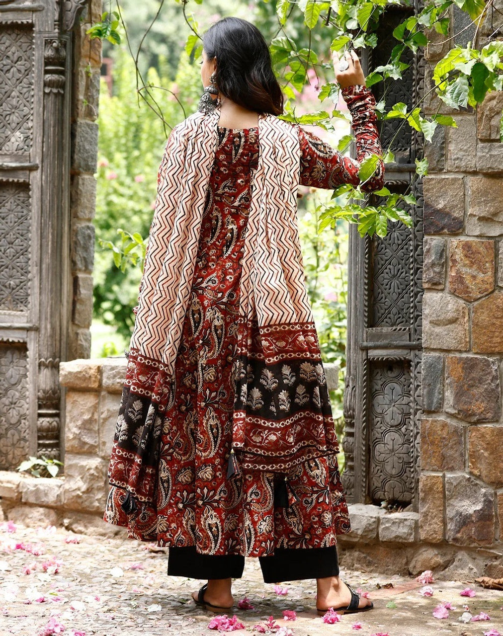 Traditional Maroon Paisley Kalamkari Anarkali Kurta Set with Chevron Print Dupatta
