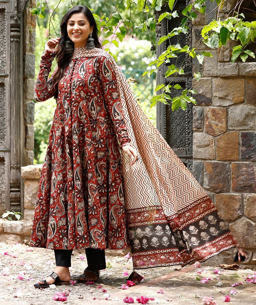 Traditional Maroon Paisley Kalamkari Anarkali Kurta Set with Chevron Print Dupatta