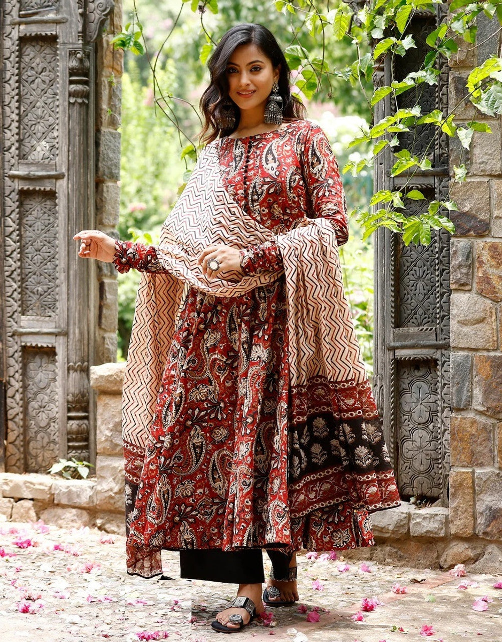Traditional Maroon Paisley Kalamkari Anarkali Kurta Set with Chevron Print Dupatta