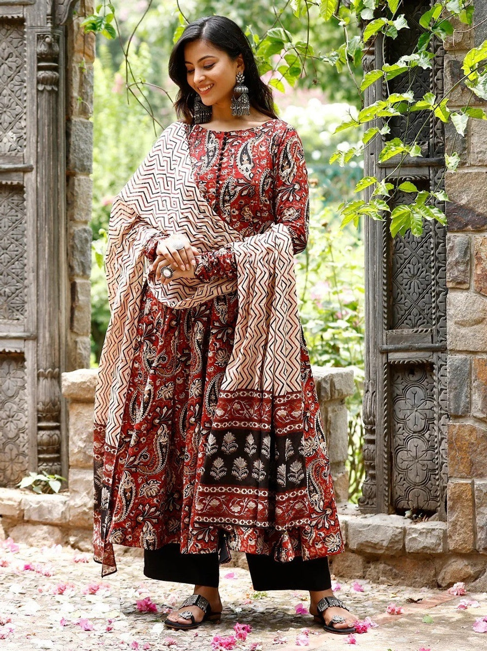 Traditional Maroon Paisley Kalamkari Anarkali Kurta Set with Chevron Print Dupatta