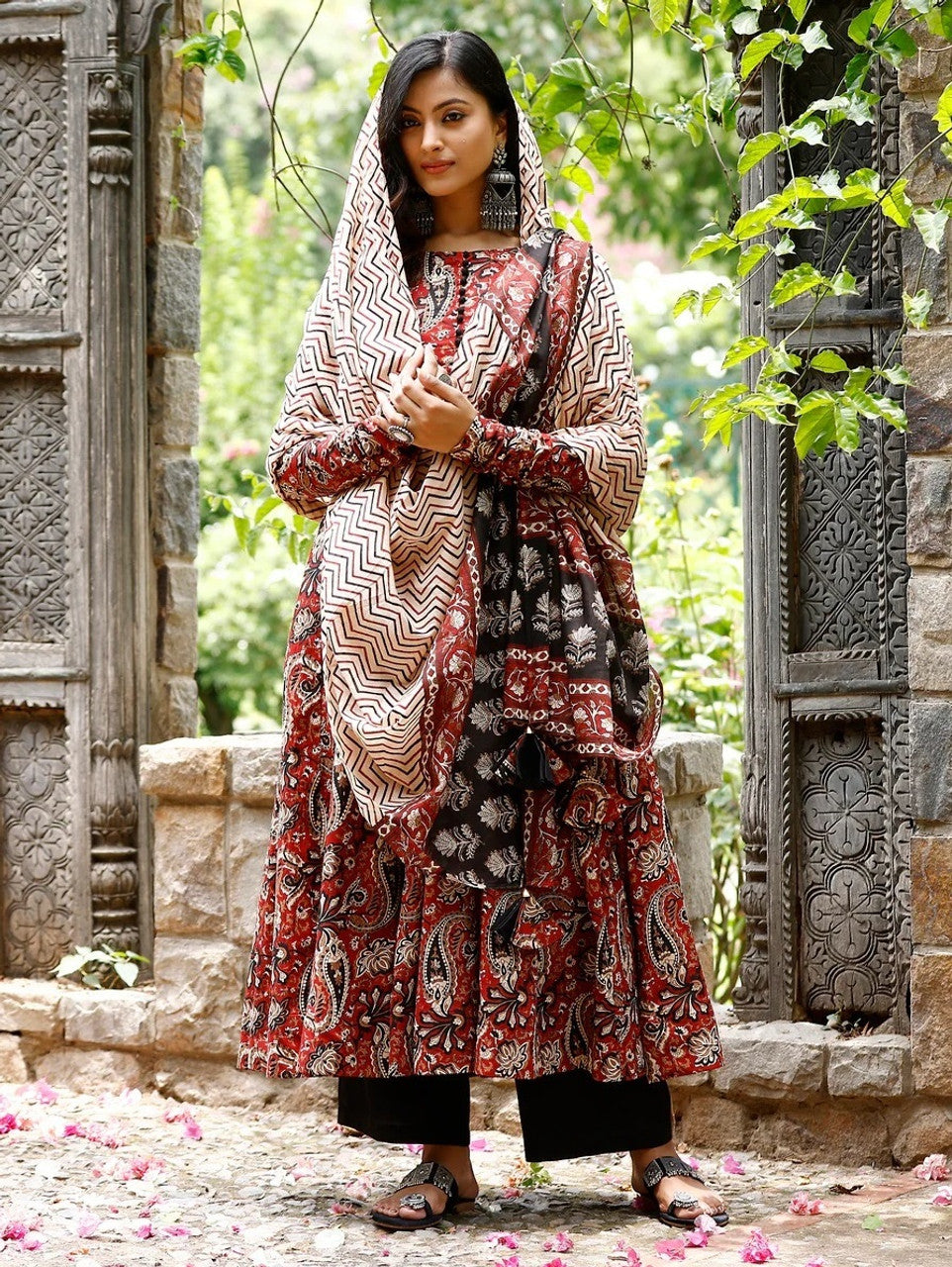 Traditional Maroon Paisley Kalamkari Anarkali Kurta Set with Chevron Print Dupatta
