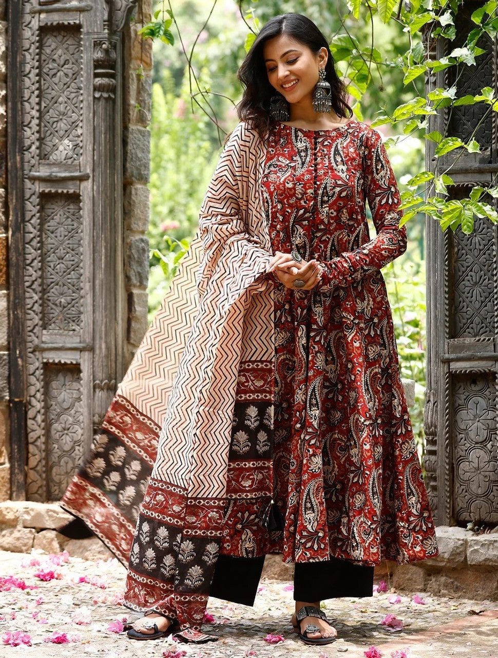 Traditional Maroon Paisley Kalamkari Anarkali Kurta Set with Chevron Print Dupatta