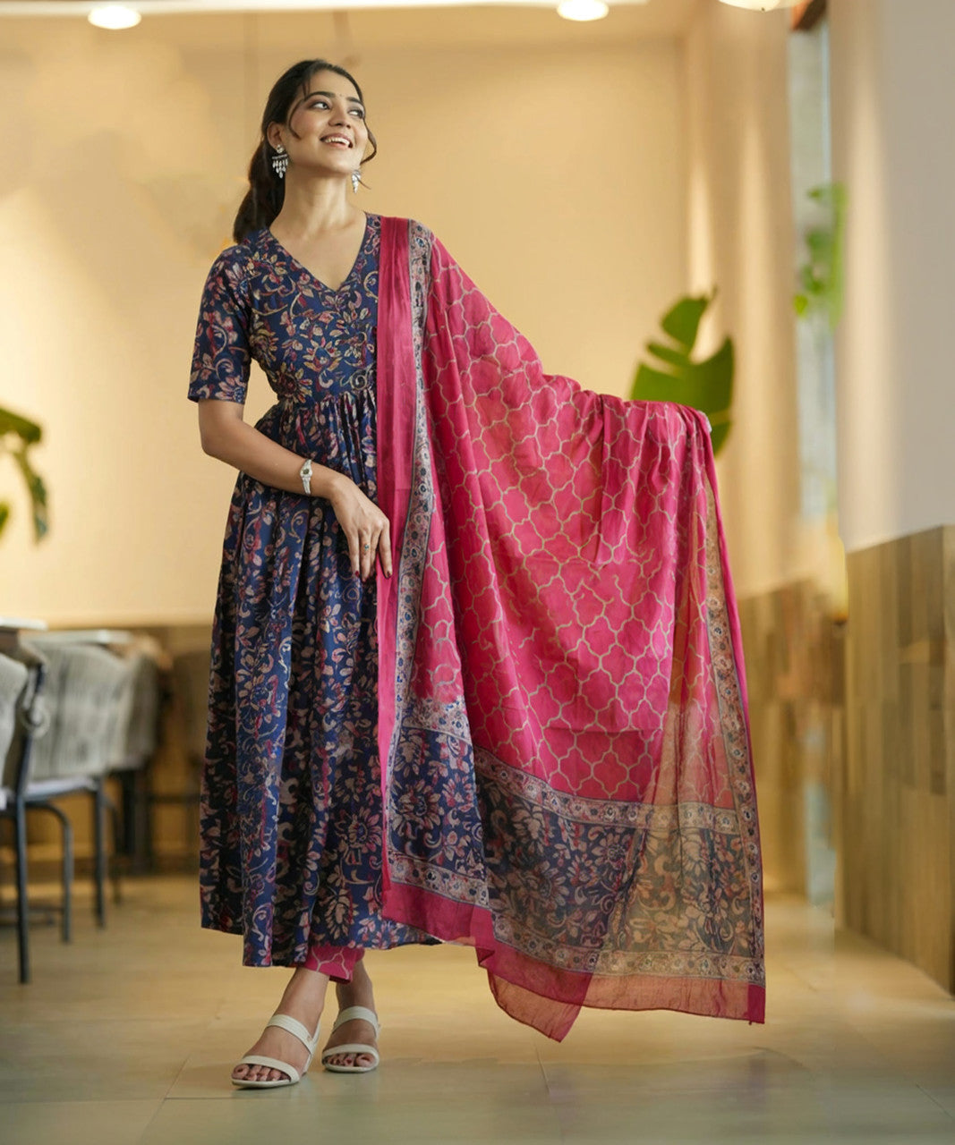 Navy Blue and Pink Floral Printed Anarkali Kurta Set with Dupatta