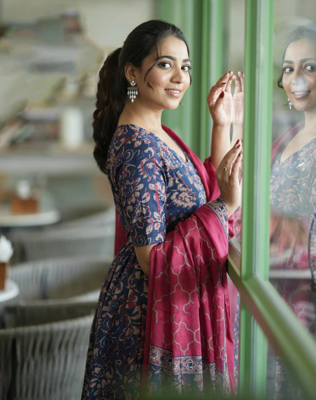 Navy Blue and Pink Floral Printed Anarkali Kurta Set with Dupatta