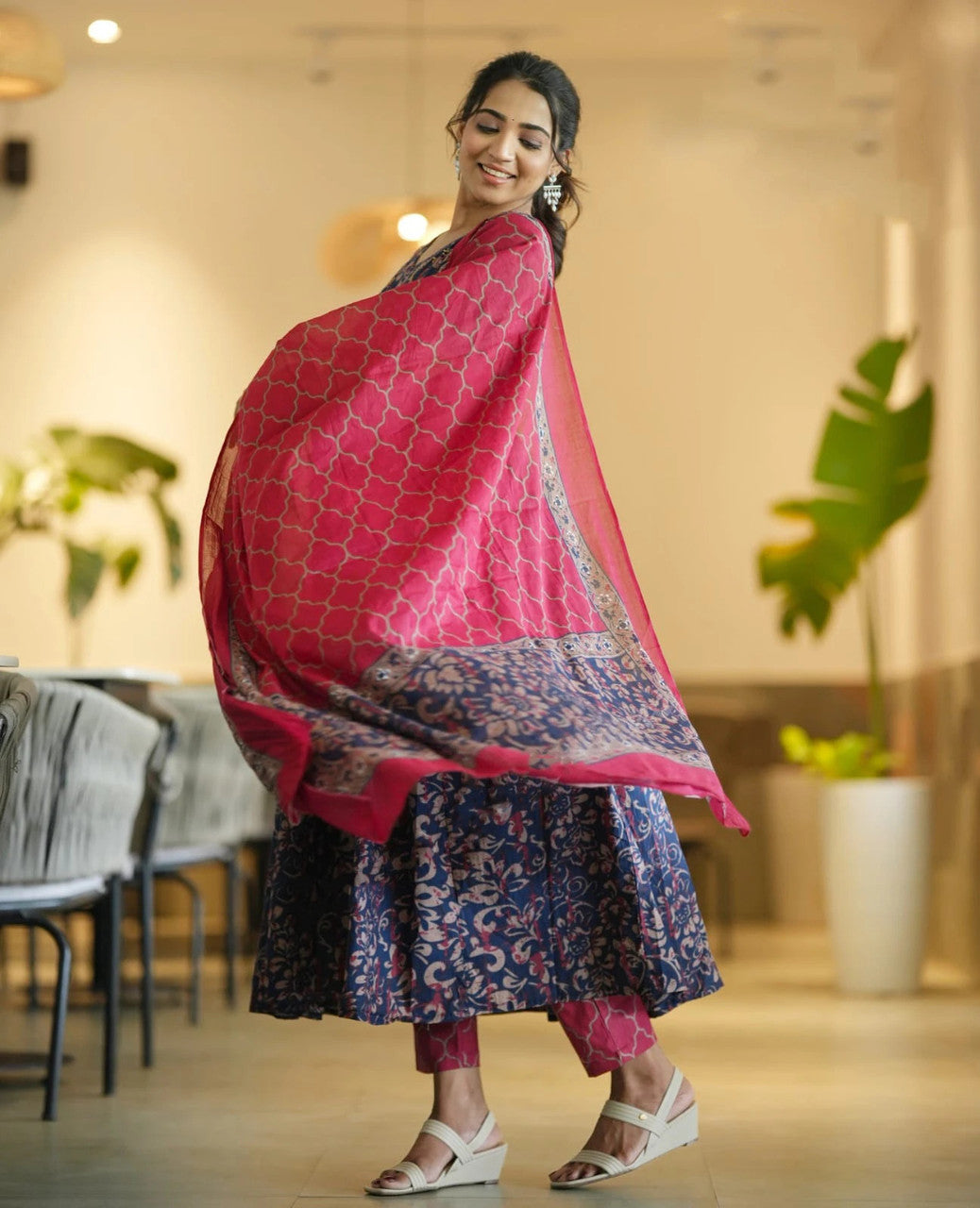 Navy Blue and Pink Floral Printed Anarkali Kurta Set with Dupatta
