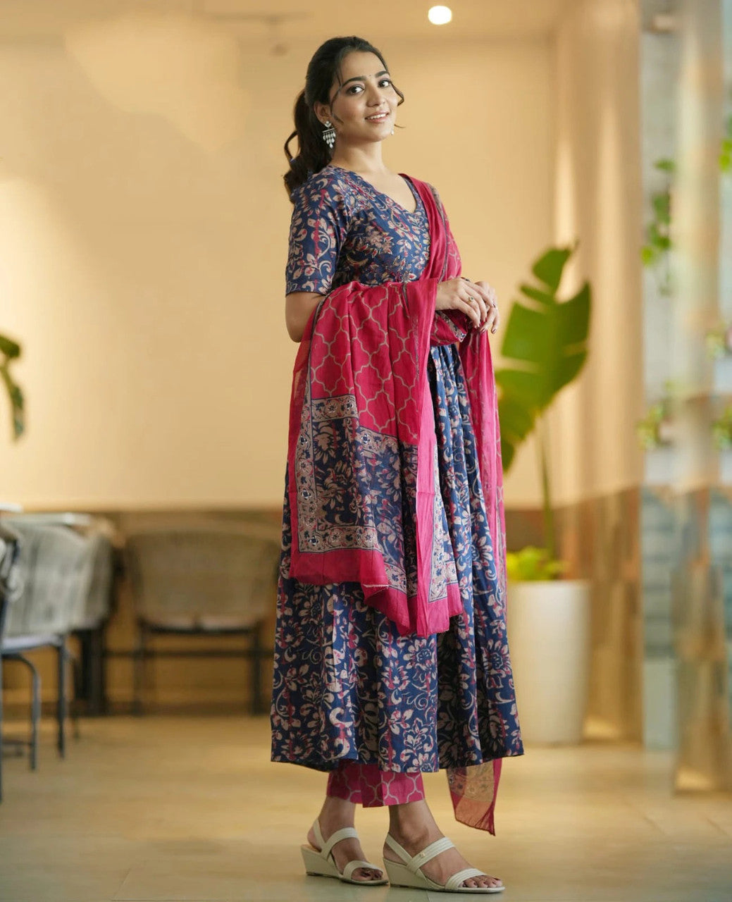 Navy Blue and Pink Floral Printed Anarkali Kurta Set with Dupatta
