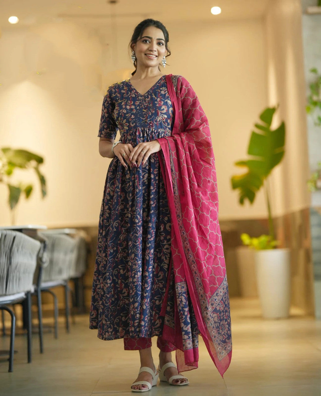 Navy Blue and Pink Floral Printed Anarkali Kurta Set with Dupatta