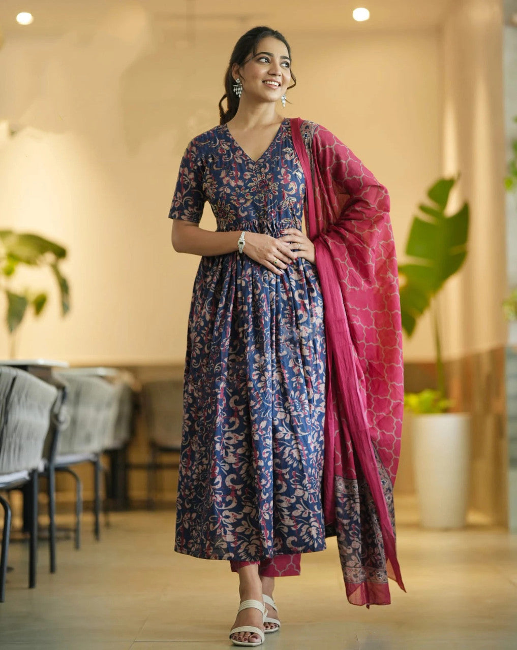Navy Blue and Pink Floral Printed Anarkali Kurta Set with Dupatta