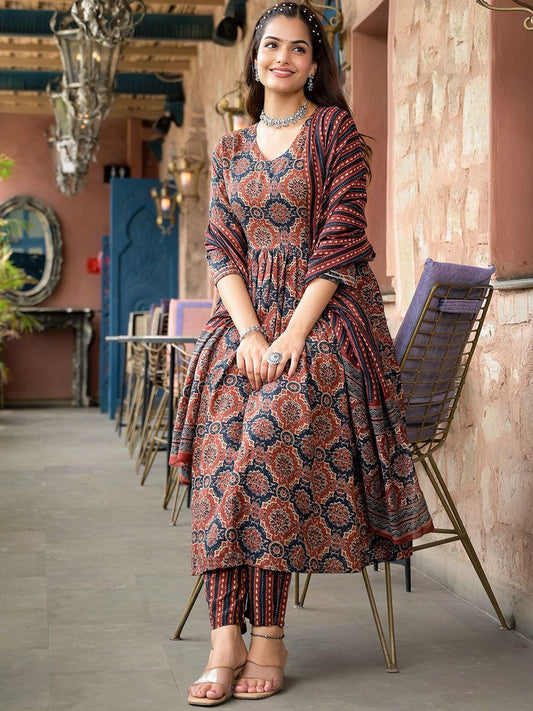 Premium Rust Maroon and Indigo Blue Ajrakh Block Print Pure rayon Anarkali Kurta with Straight Trousers and Matching Dupatta Set