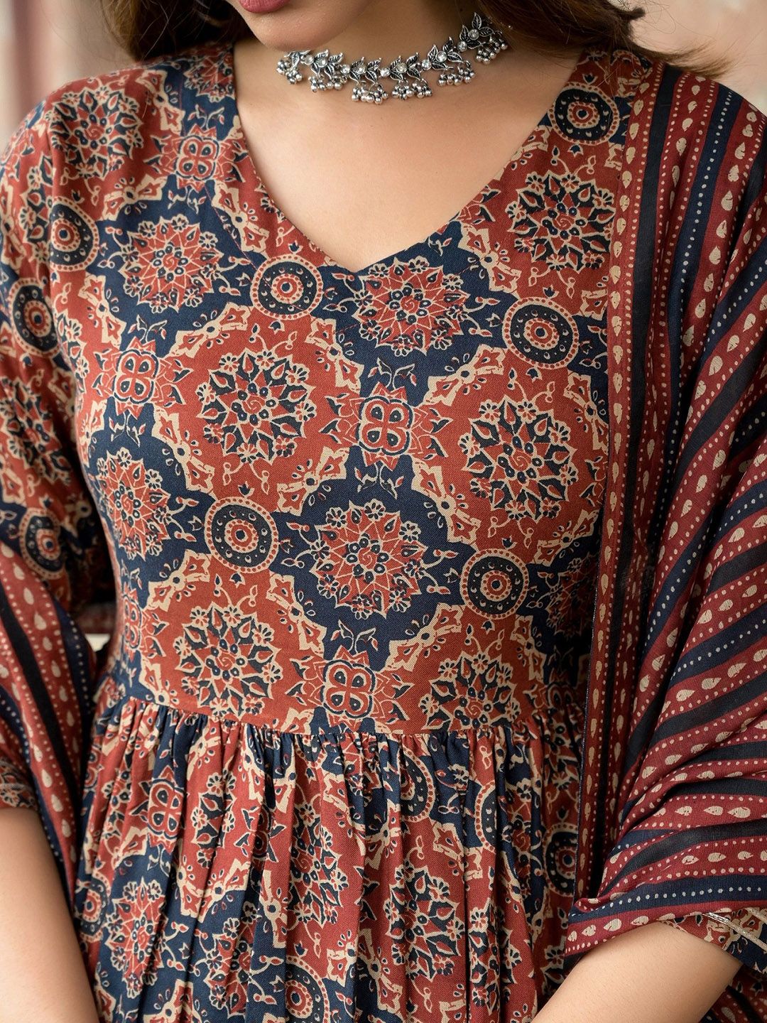 Premium Rust Maroon and Indigo Blue Ajrakh Block Print Pure rayon Anarkali Kurta with Straight Trousers and Matching Dupatta Set