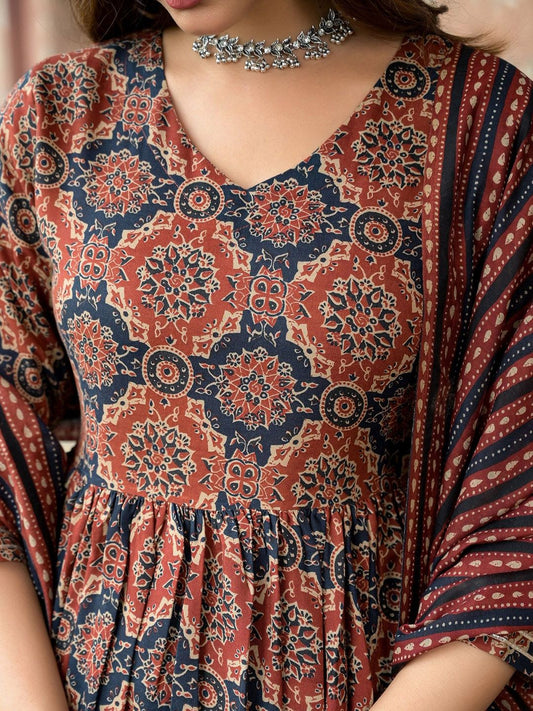 Premium Rust Maroon and Indigo Blue Ajrakh Block Print Pure rayon Anarkali Kurta with Straight Trousers and Matching Dupatta Set