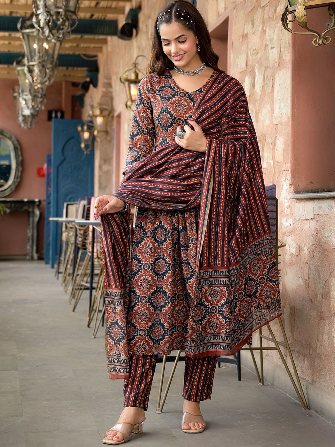 Premium Rust Maroon and Indigo Blue Ajrakh Block Print Pure rayon Anarkali Kurta with Straight Trousers and Matching Dupatta Set