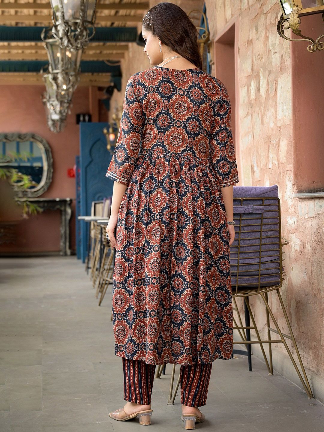 Premium Rust Maroon and Indigo Blue Ajrakh Block Print Pure rayon Anarkali Kurta with Straight Trousers and Matching Dupatta Set