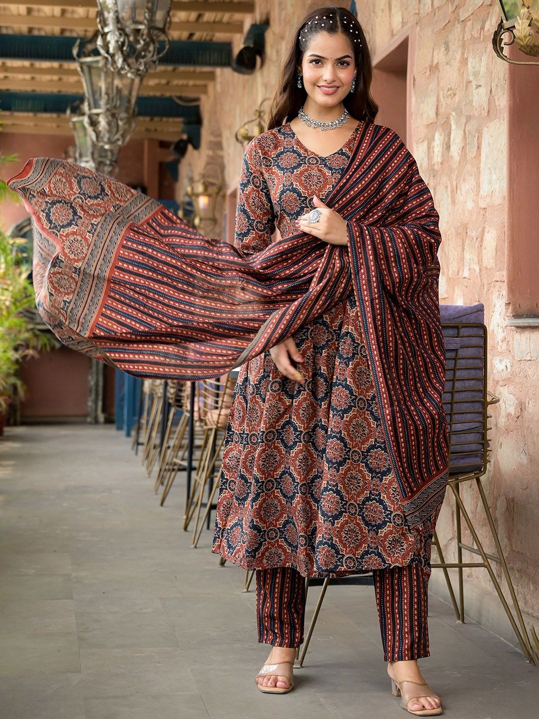 Premium Rust Maroon and Indigo Blue Ajrakh Block Print Pure rayon Anarkali Kurta with Straight Trousers and Matching Dupatta Set